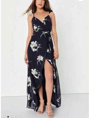 Lulu's Navy Floral High-Low Wrap Dress